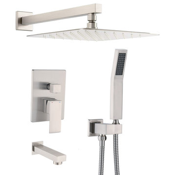 10" Wall Mounted Rainfall Shower System With Tub Spout, Brushed Nickel