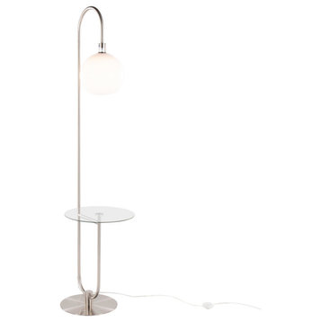Trombone Floor Lamp with Table, Nickel Metal, Clear Glass, White Plastic