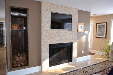 Stacked Stone Fireplace with wood niche