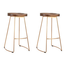 Stockholm Stool, Wood Top, Metal Base, Brass Gold, 75 cm, Set of 2