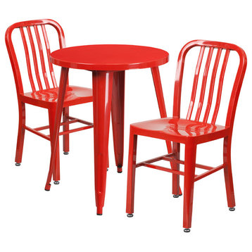 24" Round Red Metal 3-Piece Table Set With 2 Vertical Slat Back Chairs