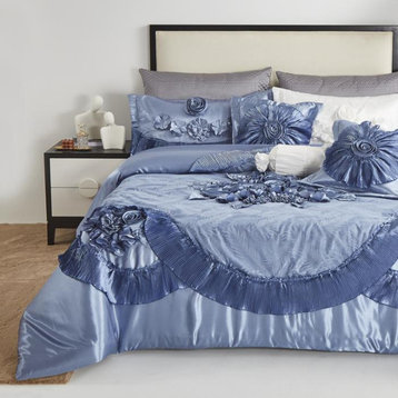 Tache Satin Floral Lace Ruffle Sweet Victorian Blue 6pc Comforter Set, Cal King
