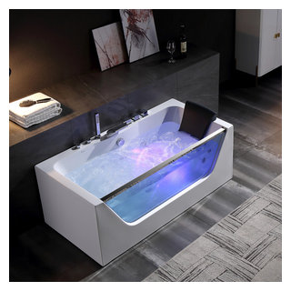 Empava Whirlpool Bathtub with 11 Jets,59 Spa Tub with Light,Hydromassage  with Chromatherapy,Acrylic,3-Side Apron,White