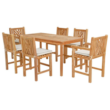 7 Piece Teak Chippendale 71" Rect Bistro Counter Set, 2 Arm and 4 Side Stools