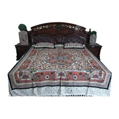 Mogul Interior - Indian Bedding 3 Pcs Bedcover Cotton Brown Queen Bedspread Pillow Covers - Blankets