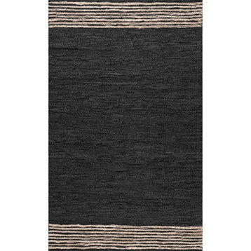 nuLOOM Flatweave Cotton Jute Leather Kelli Casuals Striped Area Rug, Gray, 5'x8'