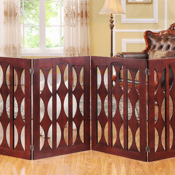 Emma Four Panel, 36 inch Pet Gate with Geometric Design in Mahogany Wood by Eleg