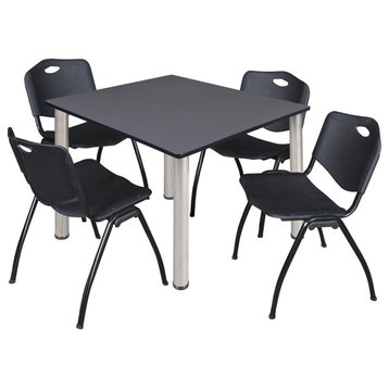 Kee 48" Square Breakroom Table- Grey/ Chrome & 4 'M' Stack Chairs- Black
