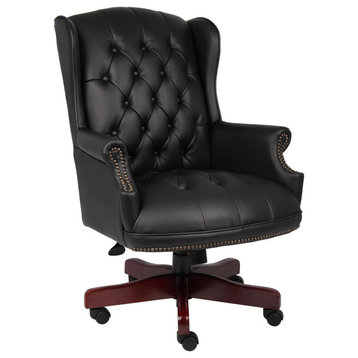 Classic Office Chair, Button Tufted High Back & Antique Brass Nailhead, Black