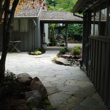 Patio is mortared flagstone Japanese style
