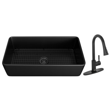 Fireclay Single Bowl Farmhouse Apron Kitchen Sink with Pull Down Kitchen Faucet, 36