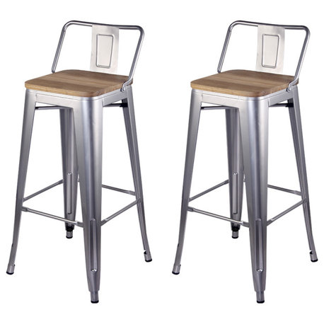 Metal Silver Bar Stools With Lowback Light Wooden Seat, Set of 2