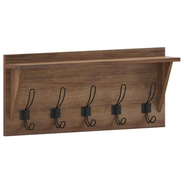 Daly Wall Mounted Solid Pine Wood Storage Rack With Upper Shelf and 5 Hooks, Weathered Brown