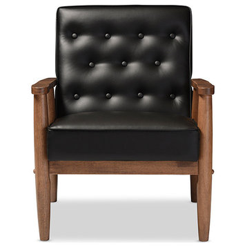 Sorrento Retro Upholstered Wooden Lounge Chair, Black Faux Leather