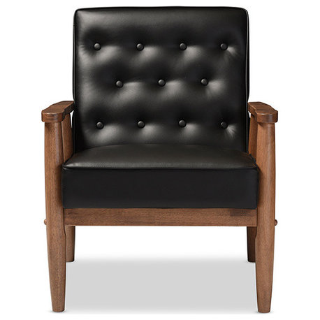 Sorrento Retro Upholstered Wooden Lounge Chair, Black Faux Leather