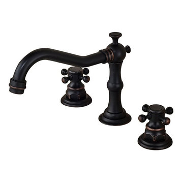 Deck Mounted 3-Hole Double Handle Widespread Bathroom Faucet, Oil-Rubbed Bronze