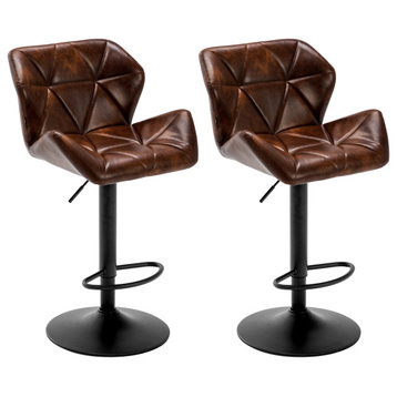 Set of 2 Pointed Armrests Faux Leather Bar Stools, Dark-Brown