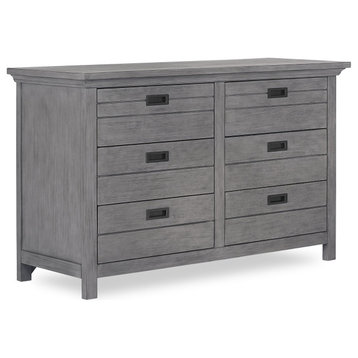Rustic Double Dresser, 6 Drawers With Metal Pulls & Grooved Accents, Rustic Gray
