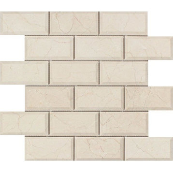 12"x12" Crema Marfil Mediterranean Marble Deep-Beveled Brick Mosaic, Set of 50