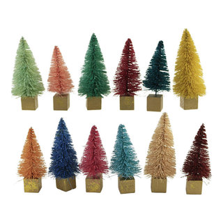 Christmas Rainbow Forest Mini Trees Plastic Set 12 Bottle Brush Gold ...