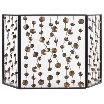 Large 3-Panel Metal Fireplace Screen with Modern Leaf Vines, 56” x 32”