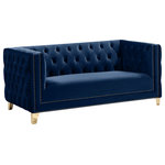 Meridian Furniture - Michelle Fabric Upholstered Chair, Gold Iron Legs, Navy, Velvet, Loveseat - Upholstered in soft navy velvet, this Michelle love seat is sumptuously glamorous. Designed for upscale living, this chair features rich gold nail head trim and gold iron legs that keep it grounded in contemporary beauty. Tufted material covers every inch of this unit, and button tufting ensures that the unit stays plump and comfortable and holds up well to continual use. Pair it with other items in the collection for a cohesive look.