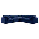Meridian Furniture - Comfy Upholstered L-Shaped Modular Sectional, Navy, 5-Piece: 2 Armless Chair, 3 Corner Chair, Velvet - Give your space a whole new look with this navy Comfy velvet sectional. This handsome sectional fits nicely with other items in the Comfy collection and is a versatile seating option designed for adaptability, comfort and style. Wrapped in rich navy durable velvet upholstery, this sectional offers a plush embrace of overstuffed down feather cushions, carefully crafted to deliver the highest level of comfort. The perfect seat for creating an oasis for relaxation, this sectional has thick foam surrounding its frame for added support and coziness.