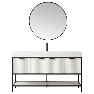 Marcilla Bath Vanity, Stone Sink Top, White, 60" Single Sink, With Mirror