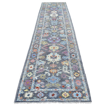 Black Angora Oushak With Floral Motifs Wool Hand Knotted Runner Rug, 3'2"x13'9"