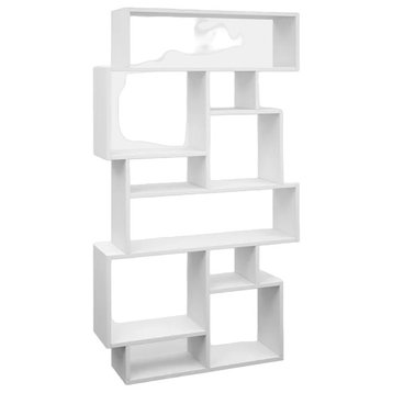 Modern Bookcase, Geometric Design With 10 Asymmetrical Open Shelves, White