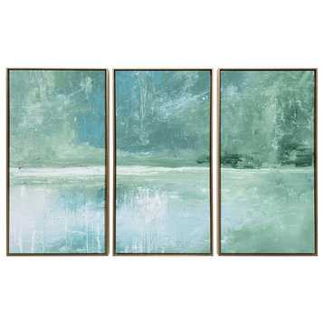 Set of Three Blue Green Abstract Water With Gold Floater Frame Painting Wall Art