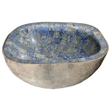 Natural Boulder Granite Vessel Sink With Blue Sodalite Inlay, Design 2