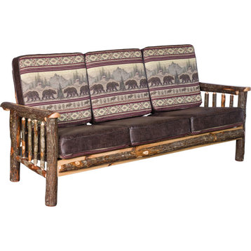Hickory Log Living Room Sofa with Faux Brown Leather Accents, Bear Mountain