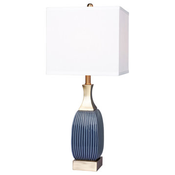 Ribbed Blue Ceramic & Antique, Brass Table Lamp, 26.5"
