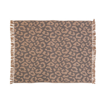 Woven Recycled Cotton Blend Leopard Print Throw With Fringe, Black and Tan