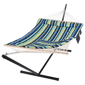 Hammock With Stand, Rope Hammock & Reversible Polyester Pad, Green Stripe