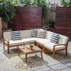 GDF Studio 5-Piece Roy Outdoor Wood Sofa Set With Coffee Table and Cushion, Teak/Beige