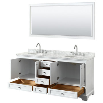 72" Double Vanity,White,White Carrara Marble Top,Oval Sinks,70" Mirror