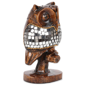 Novica Handmade Glimmering Owl Glass and Wood Sculpture, 5"
