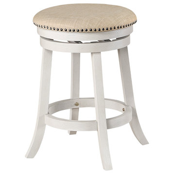 2-Pack Backless Round Swivel Stool With Beige Fabric and White-Wash Finish