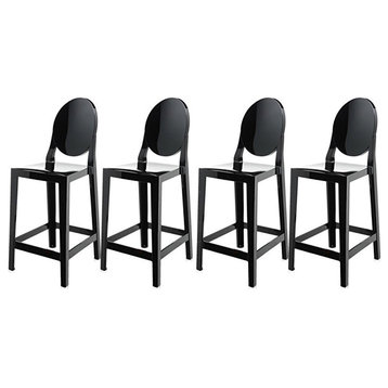 Designer Counter Height Stool With Solid High Back Side Chair Footrest, Black, Set of 4