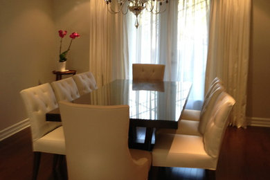 Kitchen/dining room combo - large contemporary dark wood floor kitchen/dining room combo idea in Montreal with beige walls