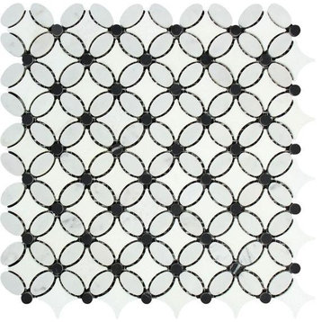 Thassos White Marble Polished Florida Flower Mosaic Tile w / Black Dots