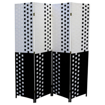 Black/White Paper Straw Weave 4 Panel Screen On 2"H Legs, Handcrafted