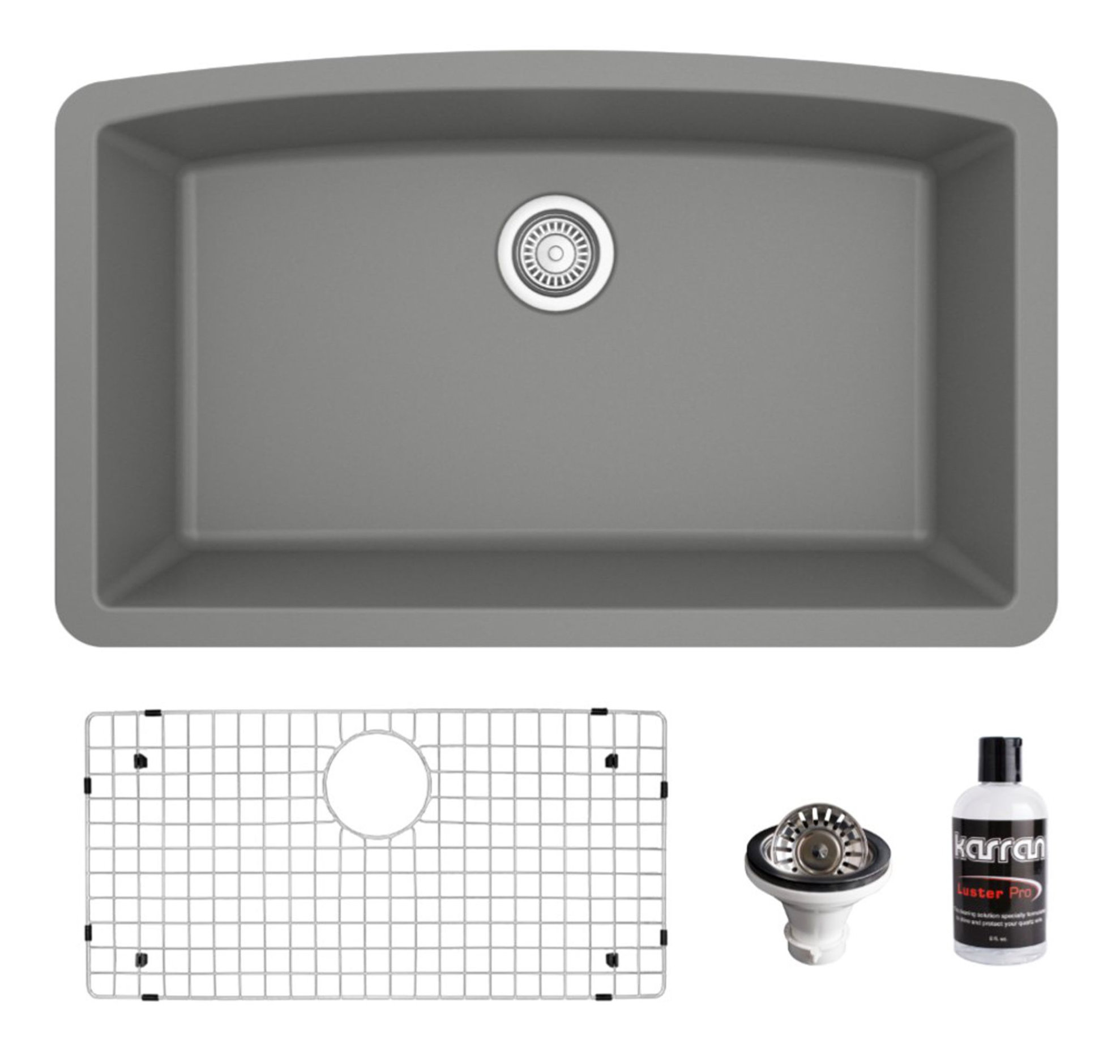 Karran Undermount Quartz 32" Single Bowl Kitchen Sink Kit, Grey