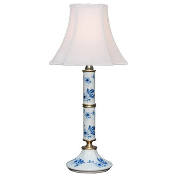 Blue and White Bamboo Style Floral Lamp, 17"