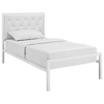 Mia Twin Tufted Faux Leather and Steel Bed, White/White