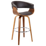Dwellist - Artemis 26" Mid-Century Swivel Counter Stool, Brown Faux Leather - The Artemis mid-century barstool is a standout in any contemporary household setting. The Artemis's beautiful walnut wood frame is perfectly accented by its faux leather upholstered seat and back. The Artemis is wonderfully versatile, sporting a stylish yet practical appearance as well as a 360 degree swivel function for exceptional mobility. The Artemis is available in 26 inch counter and 30 inch bar height and comes in your choice of grey or brown faux leather.