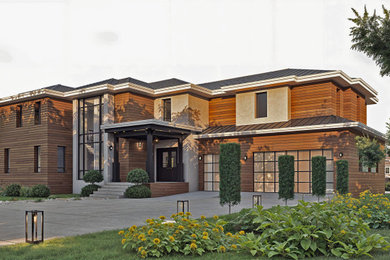 Example of a large minimalist brown two-story mixed siding and clapboard house exterior design with a metal roof and a brown roof