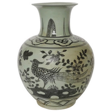Porcelain Black Pheasant Long Neck Vase